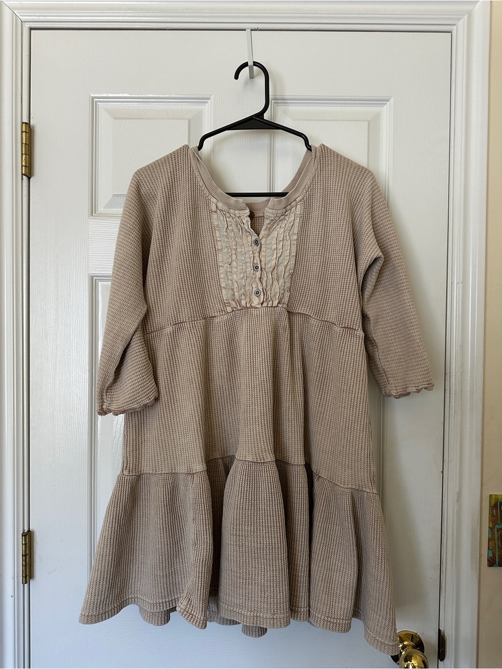 Fp One (Free People) Taupe Henley Waffle Knit Baby Doll Praire Tiered Dress